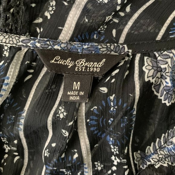 Lucky Brand Sheer High Low Dress M Black Floral Short Sleeve V Neck Crochet Lace - Picture 6 of 6